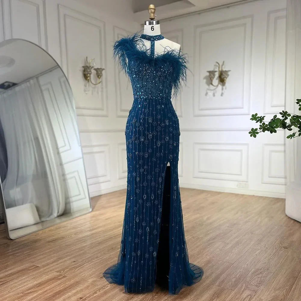 2025 Gray Elegant Halter Feathers Beaded Luxury Mermaid High Split Evening Dresses Party Gowns for Women LA72452