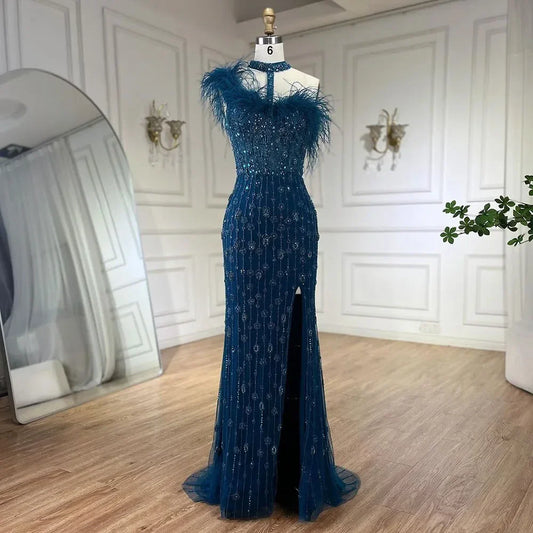 2025 Gray Elegant Halter Feathers Beaded Luxury Mermaid High Split Evening Dresses Party Gowns for Women LA72452