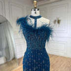 2025 Gray Elegant Halter Feathers Beaded Luxury Mermaid High Split Evening Dresses Party Gowns for Women LA72452