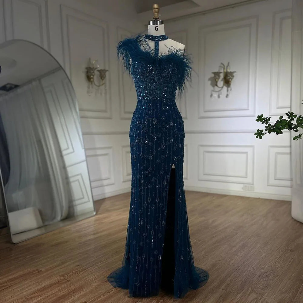 2025 Gray Elegant Halter Feathers Beaded Luxury Mermaid High Split Evening Dresses Party Gowns for Women LA72452