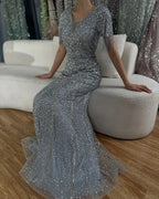 2025 Gray Saudi Arabic Evening Gown with Beaded Tassel Dress for Formal Occasion LA72743
