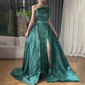 2025 Green Arabic One-Shoulder Satin Evening Gown Beaded Dress with Overskirt and Split for Formal Occasion LA72178