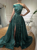 2025 Green Arabic One-Shoulder Satin Evening Gown Beaded Dress with Overskirt and Split for Formal Occasion LA72178