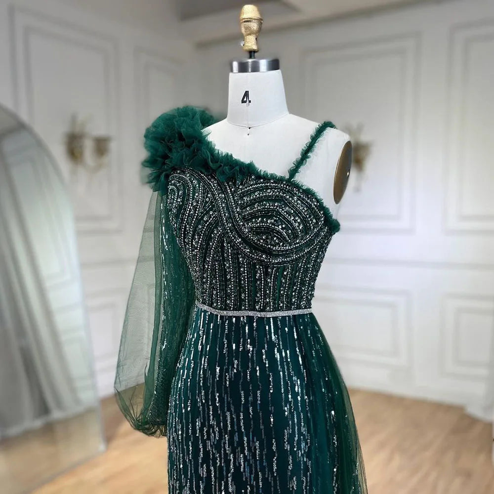 2025 Green One Shoulder Elegant With Overskirt Mermaid Beaded Evening Dresses Gowns for Women Wedding Party LA72408
