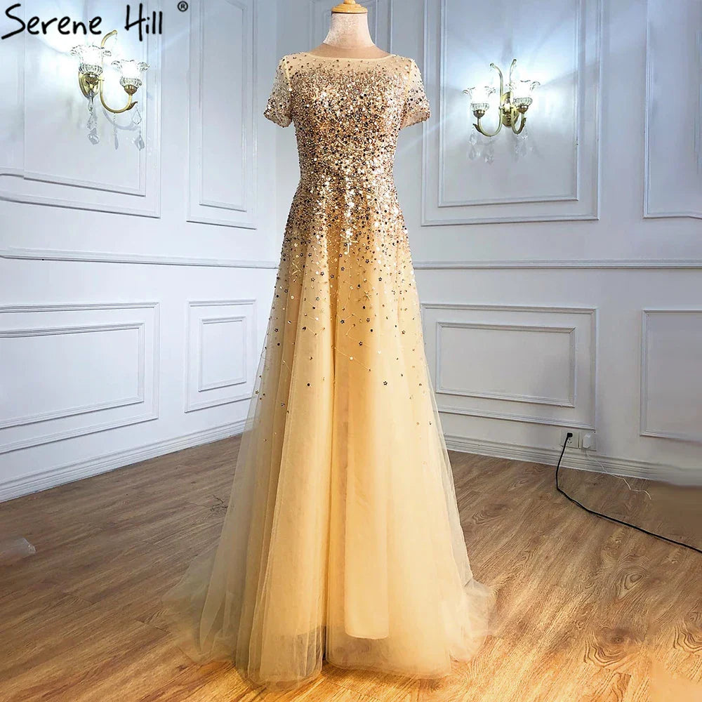 En oferta, sin devolución ni reembolso, 2025, vestidos de noche grises de lujo en forma de A con mangas cortas y cuentas, elegantes vestidos de fiesta para mujer LA70976 
