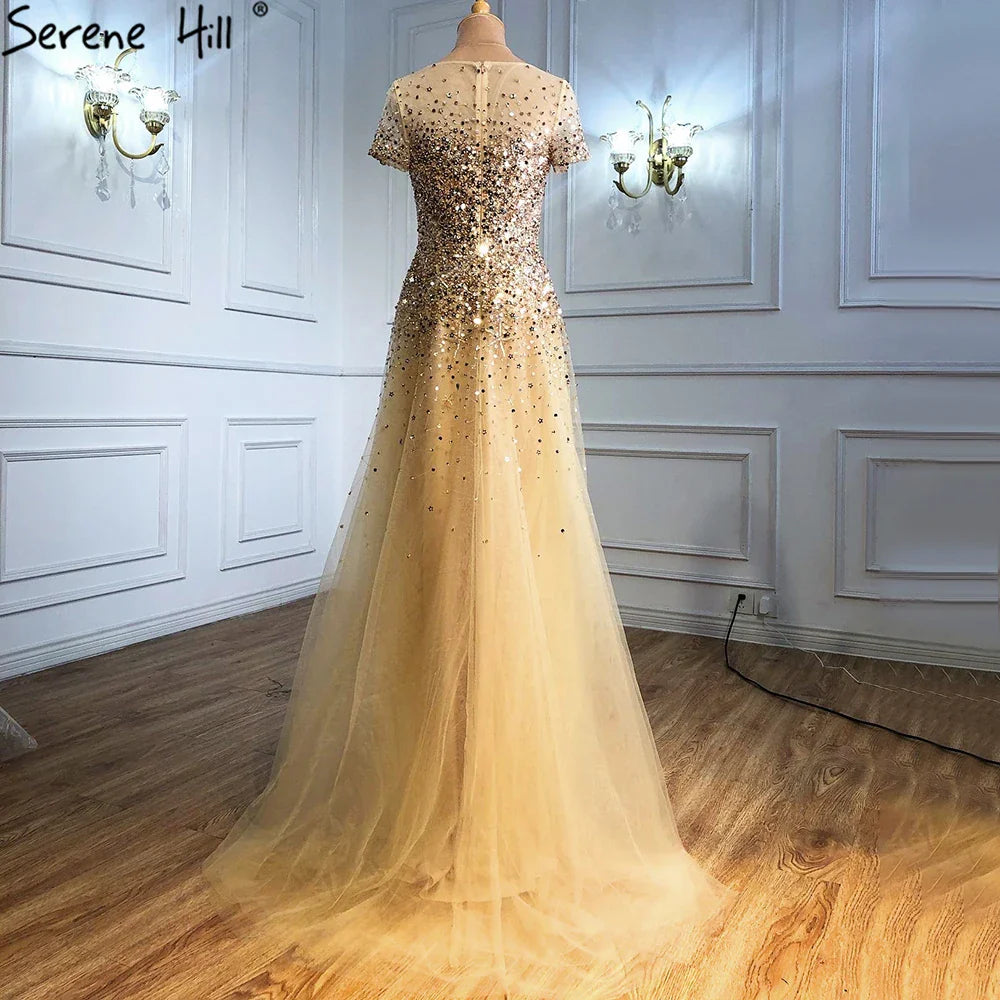 En oferta, sin devolución ni reembolso, 2025, vestidos de noche grises de lujo en forma de A con mangas cortas y cuentas, elegantes vestidos de fiesta para mujer LA70976 