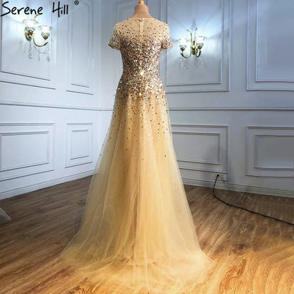 En oferta, sin devolución ni reembolso, 2025, vestidos de noche grises de lujo en forma de A con mangas cortas y cuentas, elegantes vestidos de fiesta para mujer LA70976 