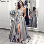 2025 Grey Satin Elegant Evening Dress One Shoulder Handmade Flowers A Line Formal Gown LA70043