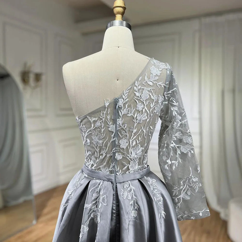 2025 Grey Satin Elegant Evening Dress One Shoulder Handmade Flowers A Line Formal Gown LA70043