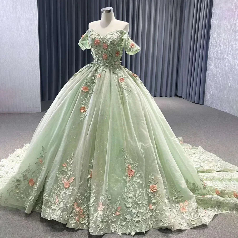 2025 High End Custom Dubai Sage Green Elegant Boat Neck Wedding Dress Appliques Bridal Gowns HM222240B