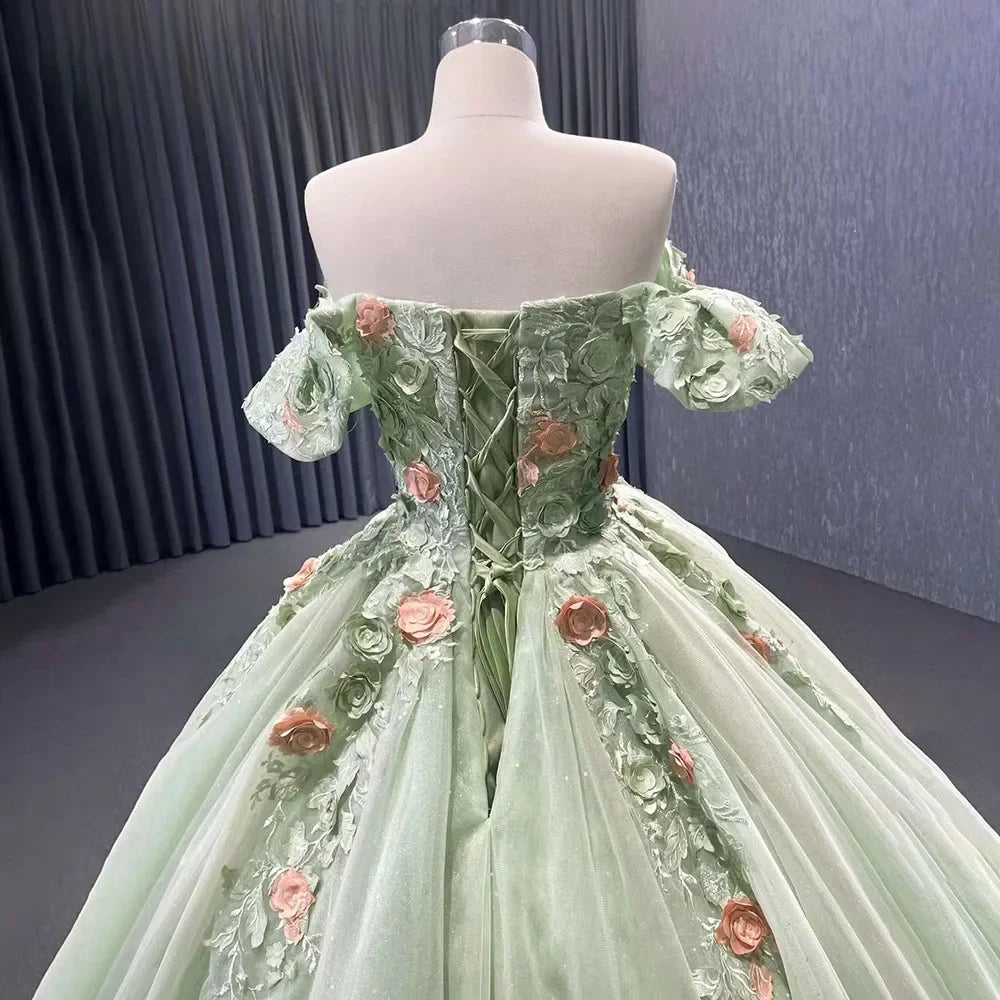 2025 High End Custom Dubai Sage Green Elegant Boat Neck Wedding Dress Appliques Bridal Gowns HM222240B