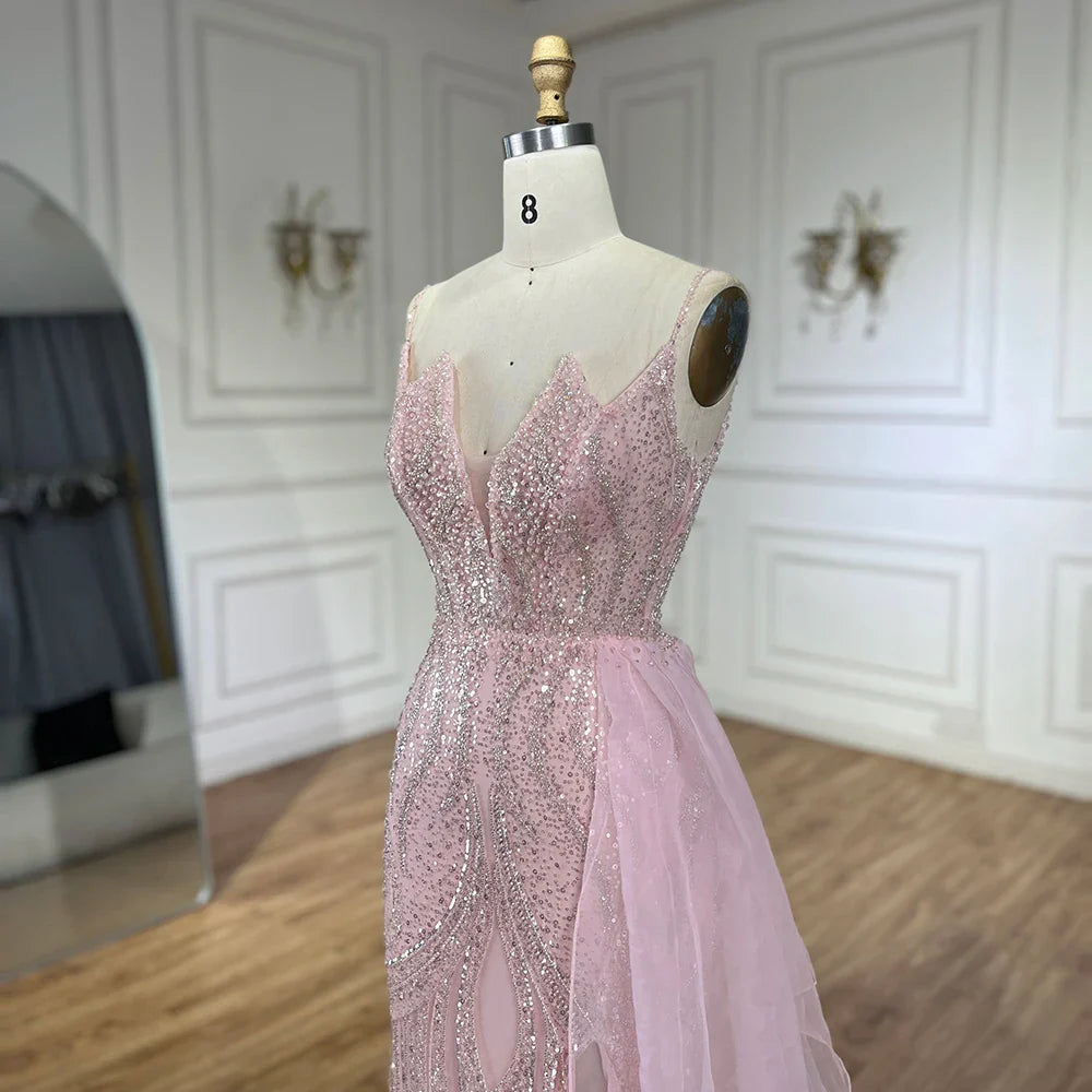 2025 Light Pink Spaghetti Strap Evening Dresses Gowns Mermaid Beaded Elegant Overskirt For Women Party LA72378A