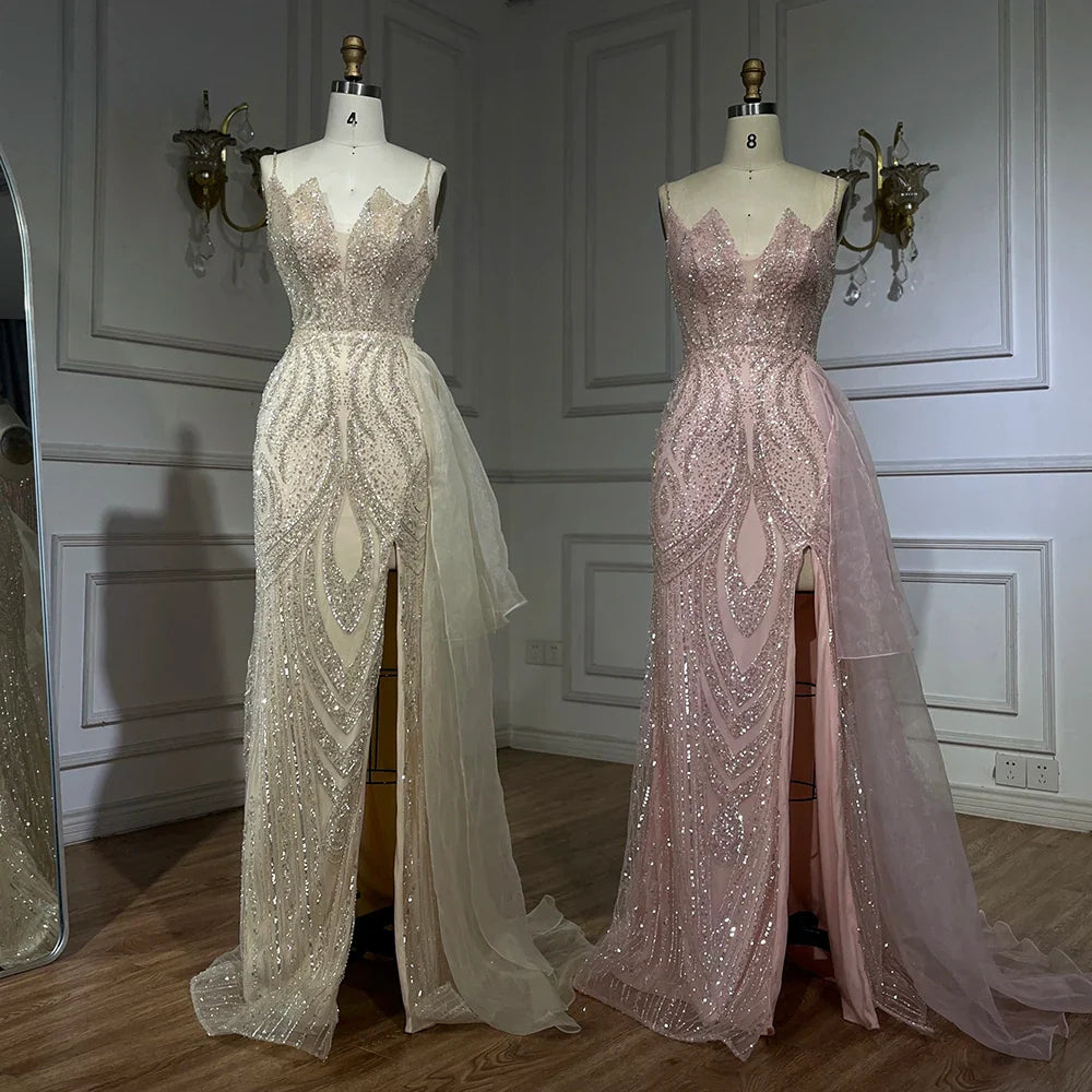 2025 Light Pink Spaghetti Strap Evening Dresses Gowns Mermaid Beaded Elegant Overskirt For Women Party LA72378A