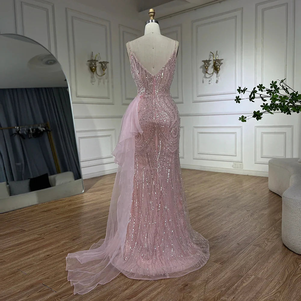 2025 Light Pink Spaghetti Strap Evening Dresses Gowns Mermaid Beaded Elegant Overskirt For Women Party LA72378A