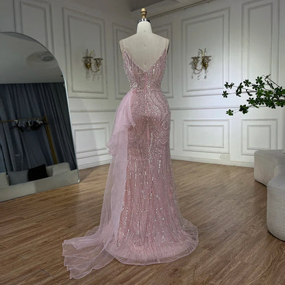 2025 Light Pink Spaghetti Strap Evening Dresses Gowns Mermaid Beaded Elegant Overskirt For Women Party LA72378A