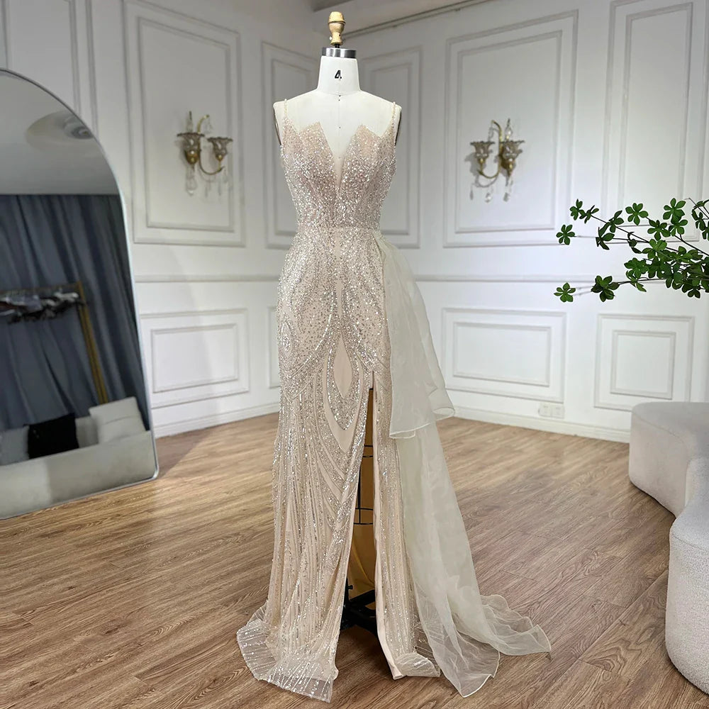 2025 Light Pink Spaghetti Strap Evening Dresses Gowns Mermaid Beaded Elegant Overskirt For Women Party LA72378A