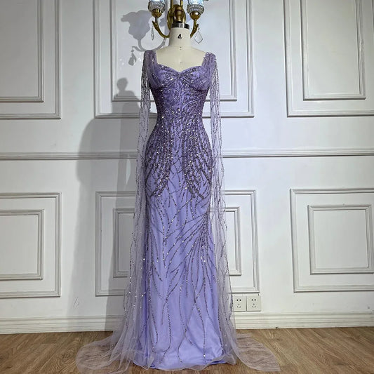 Lila Meerjungfrau Luxus Dubai Abendkleider mit Cape-Ärmeln LA72697