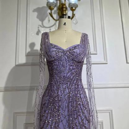 Lila Meerjungfrau Luxus Dubai Abendkleider mit Cape-Ärmeln LA72697