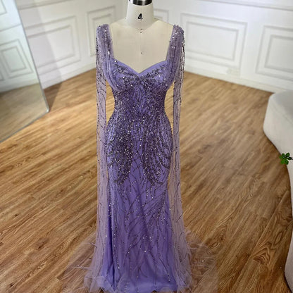 Lila Meerjungfrau Luxus Dubai Abendkleider mit Cape-Ärmeln LA72697