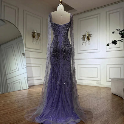 Lila Meerjungfrau Luxus Dubai Abendkleider mit Cape-Ärmeln LA72697