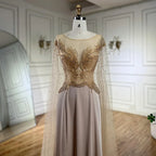 2025 Nude Cape Sleeves Satin A Line Lace Beaded Luxury Dubai Evening Dresses Gowns for Women Wedding Party LA72702