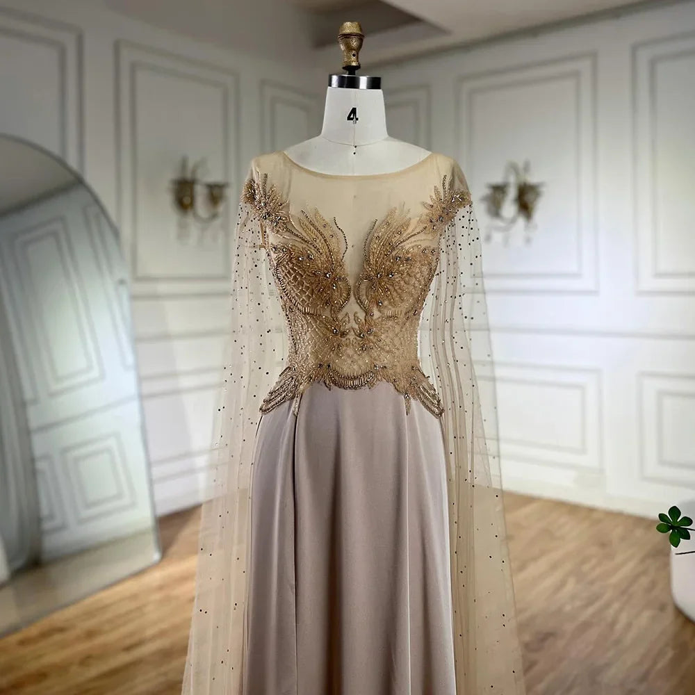 2025 Nude Cape Sleeves Satin A Line Lace Beaded Luxury Dubai Evening Dresses Gowns for Women Wedding Party LA72702