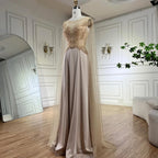 2025 Nude Cape Sleeves Satin A Line Lace Beaded Luxury Dubai Evening Dresses Gowns for Women Wedding Party LA72702