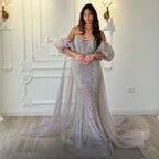 Lilac Vintage Evening Gown Half Puff Sleeve Dress with Beaded Pearl Cape Jacket LA72653