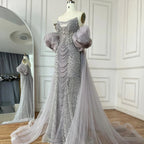 Lilac Vintage Evening Gown Half Puff Sleeve Dress with Beaded Pearl Cape Jacket LA72653
