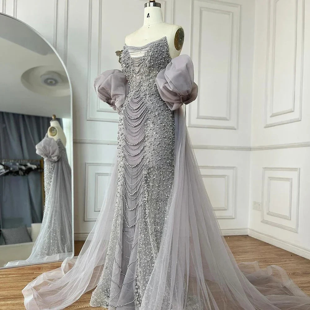 Lilac Vintage Evening Gown Half Puff Sleeve Dress with Beaded Pearl Cape Jacket LA72653