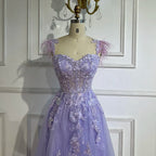 2025 Lilac Spaghetti Strap Lace-Up Back A-Line Appliques Feathers Prom Dress for Women | Wedding Party LA72623