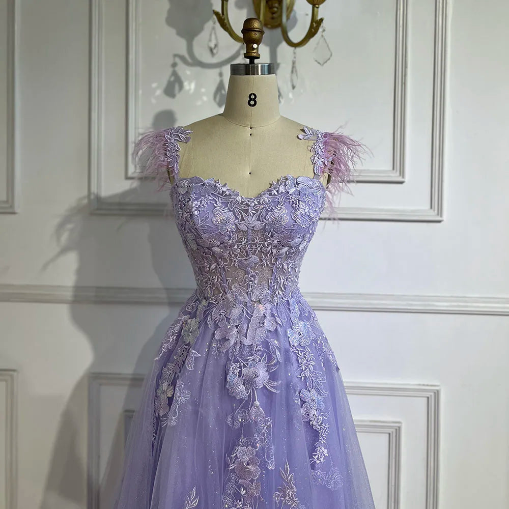 2025 Lilac Spaghetti Strap Lace-Up Back A-Line Appliques Feathers Prom Dress for Women | Wedding Party LA72623