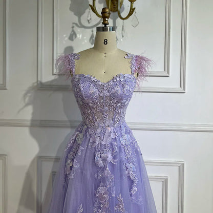 2025 Lilac Spaghetti Strap Lace-Up Back A-Line Appliques Feathers Prom Dress for Women | Wedding Party LA72623