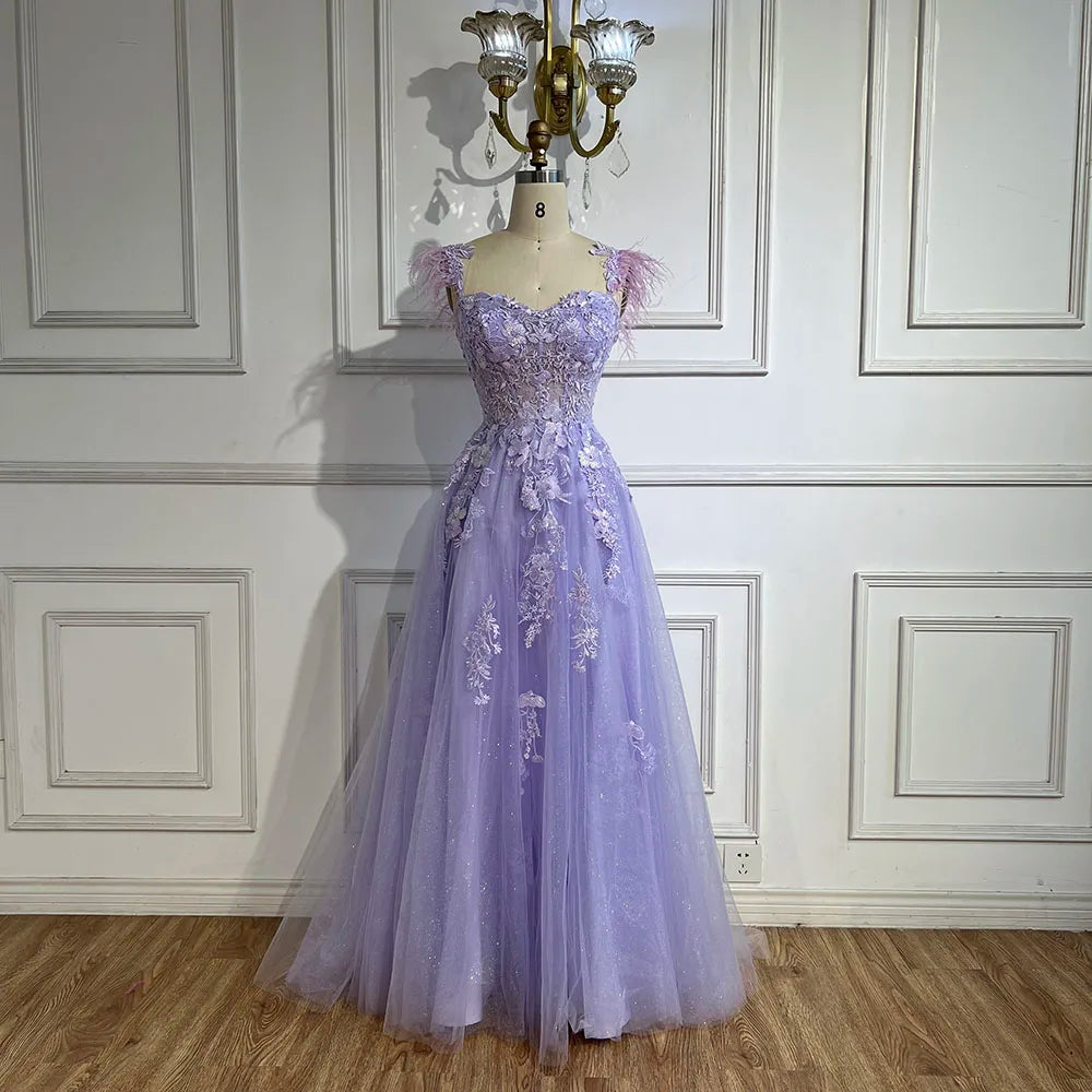 2025 Lilac Spaghetti Strap Lace-Up Back A-Line Appliques Feathers Prom Dress for Women | Wedding Party LA72623