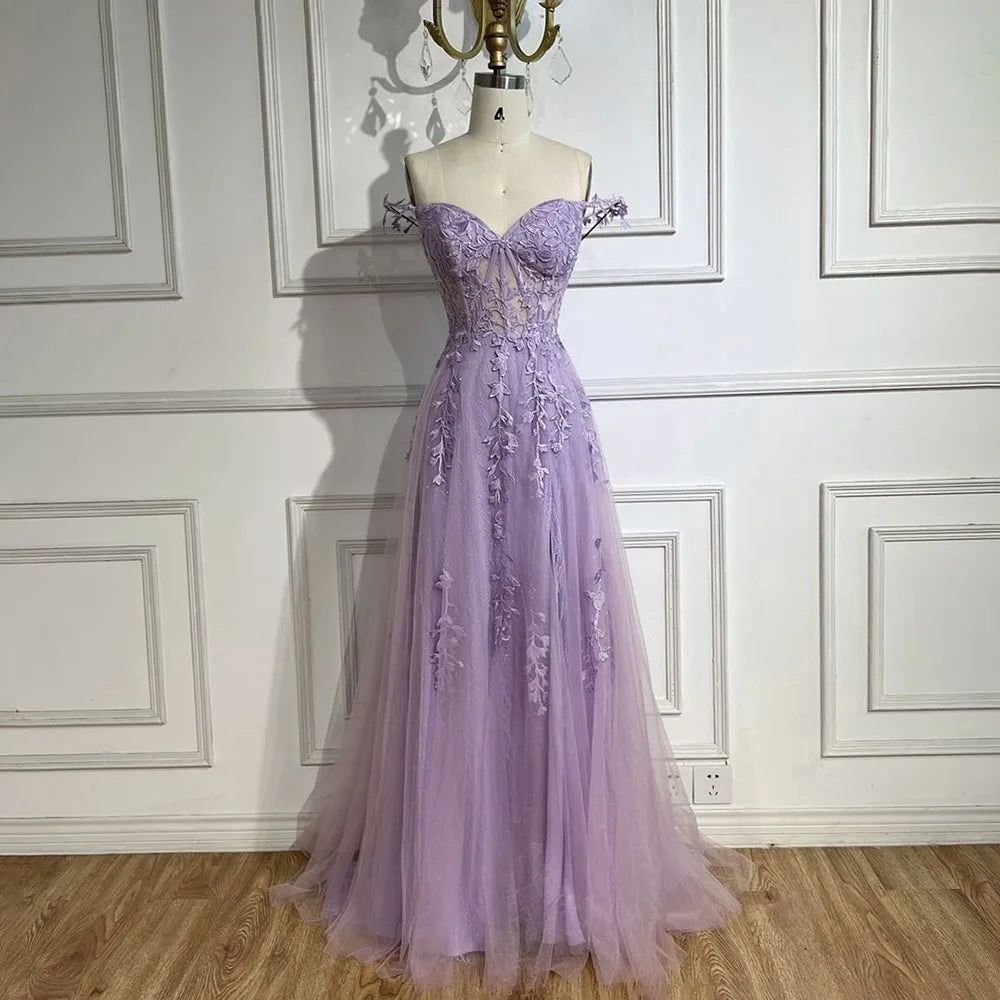 2025 Lilac Spaghetti Strap Lace-Up Back A-Line Appliqué Prom Dress for Women | Wedding Party LA72620