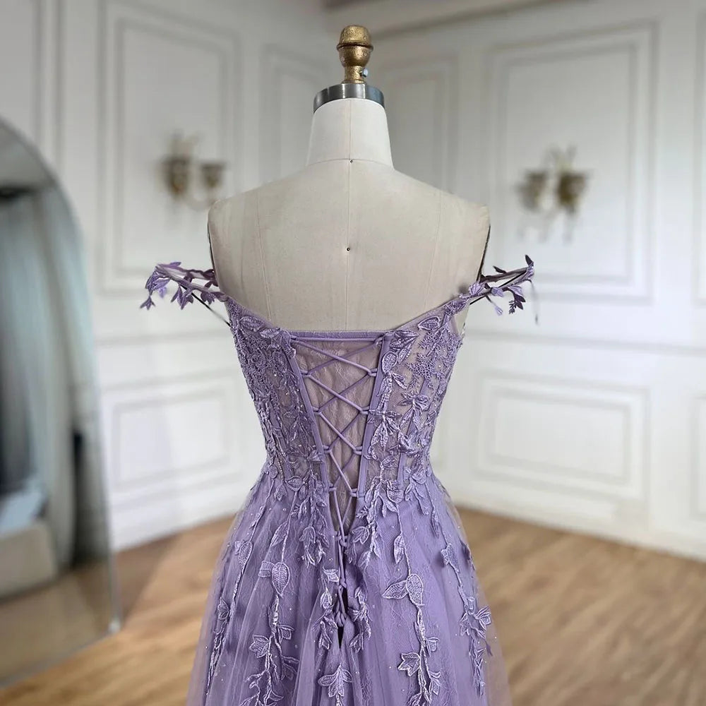 2025 Lilac Spaghetti Strap Lace-Up Back A-Line Appliqué Prom Dress for Women | Wedding Party LA72620