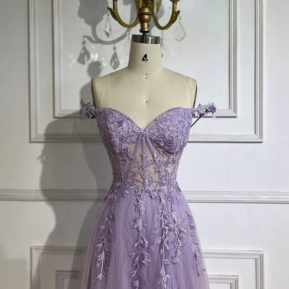 2025 Lilac Spaghetti Strap Lace-Up Back A-Line Appliqué Prom Dress for Women | Wedding Party LA72620