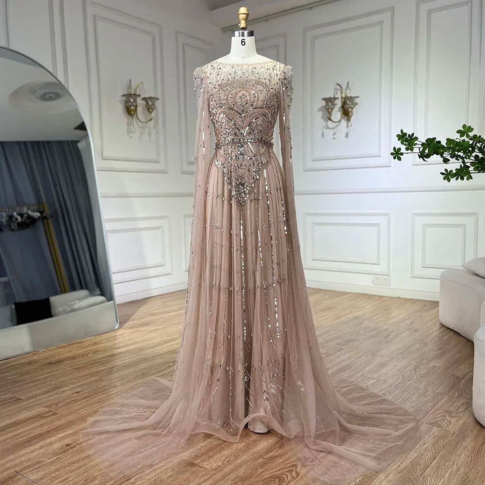 2025 Luxury Dubai Blue Cape Sleeves Alina Beaded Stone Arabic Evening Gowns for Women Wedding Party LA72635