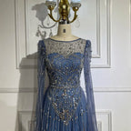 2025 Luxury Dubai Blue Cape Sleeves Alina Beaded Stone Arabic Evening Gowns for Women Wedding Party LA72635