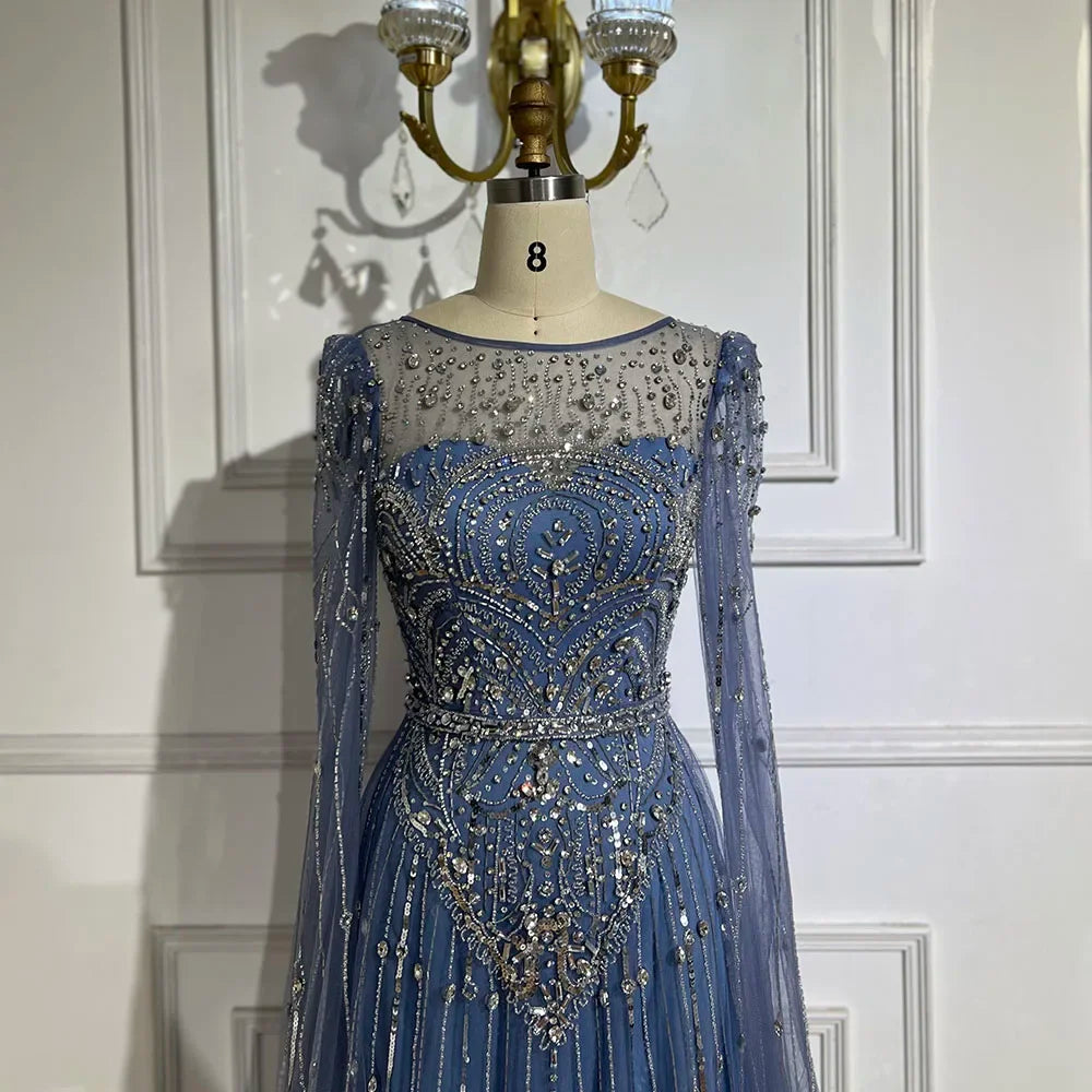 2025 Luxury Dubai Blue Cape Sleeves Alina Beaded Stone Arabic Evening Gowns for Women Wedding Party LA72635
