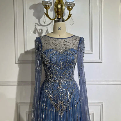 2025 Luxury Dubai Blue Cape Sleeves Alina Beaded Stone Arabic Evening Gowns for Women Wedding Party LA72635