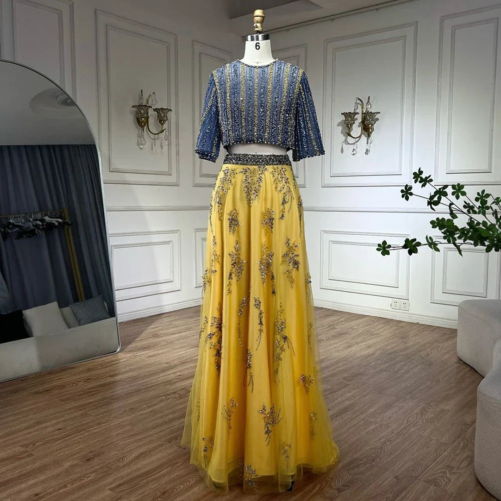 Lujosos vestidos de noche de dos piezas en azul y amarillo de Dubái LA72470