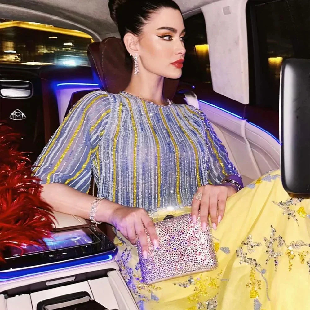 Lujosos vestidos de noche de dos piezas en azul y amarillo de Dubái LA72470