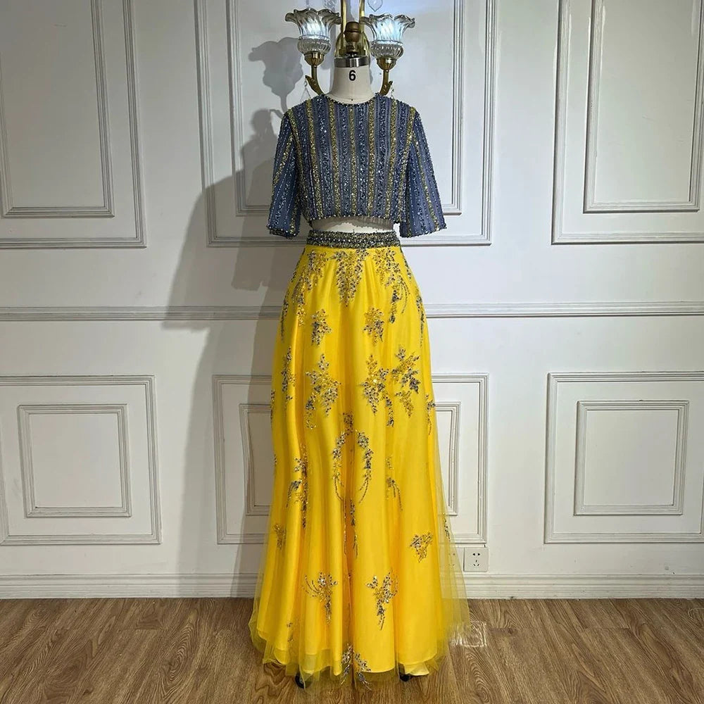 Lujosos vestidos de noche de dos piezas en azul y amarillo de Dubái LA72470