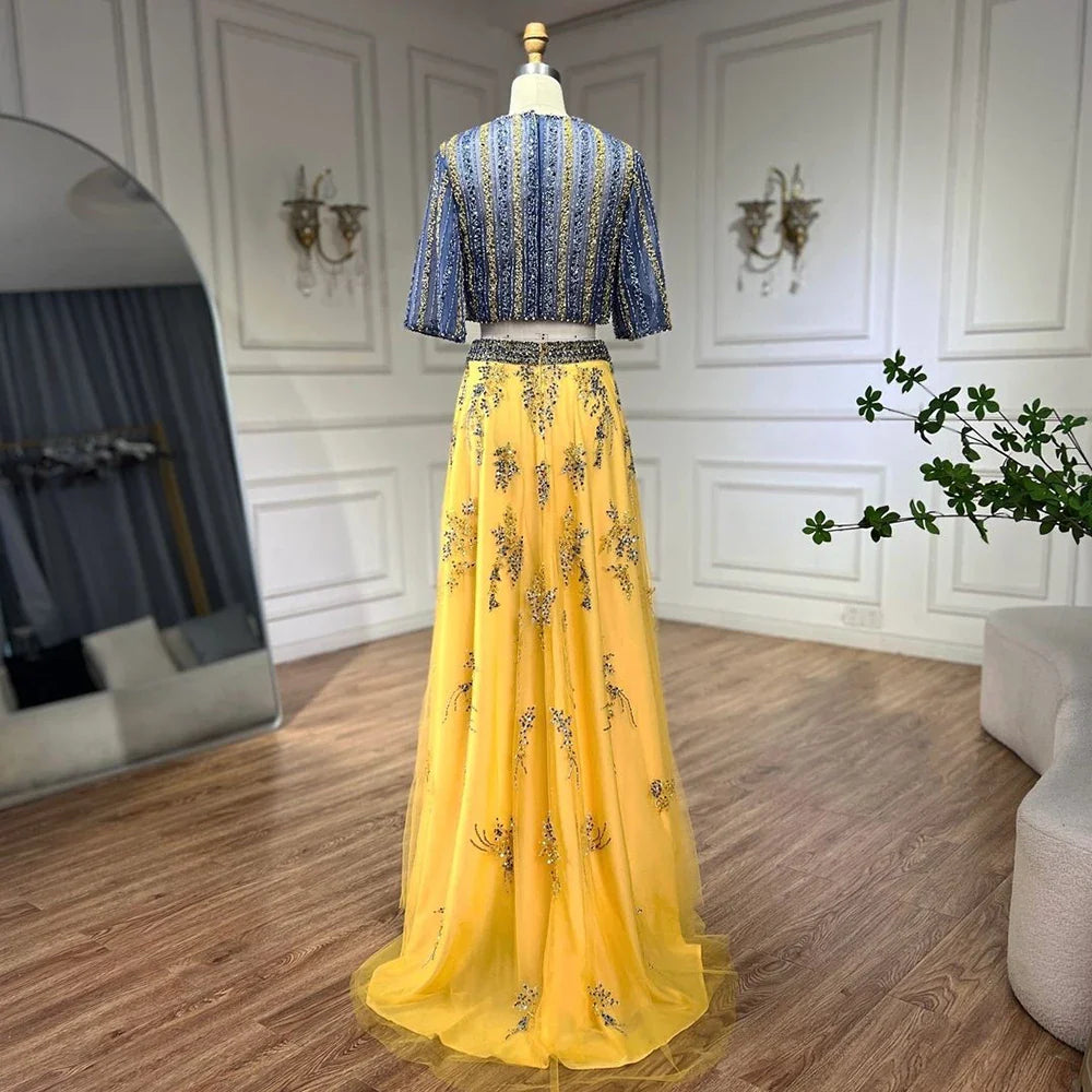 Lujosos vestidos de noche de dos piezas en azul y amarillo de Dubái LA72470