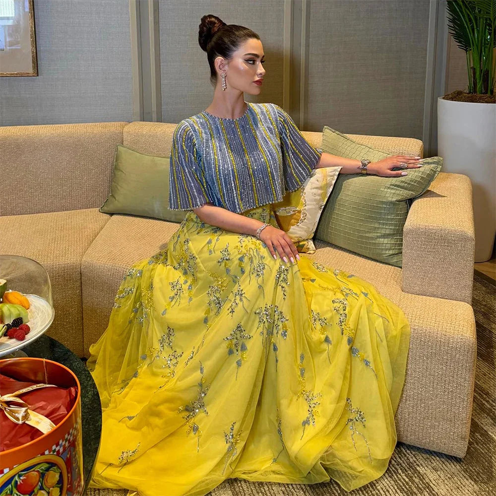 Lujosos vestidos de noche de dos piezas en azul y amarillo de Dubái LA72470