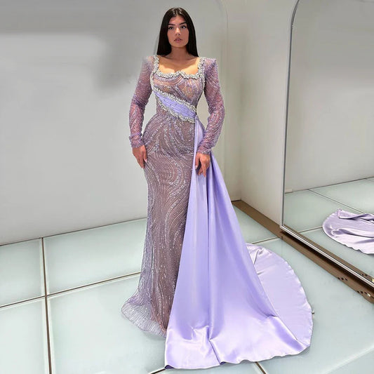 2025 Luxury Dubai Lilac  Mermaid Dress with Satin Overskirt Beaded Evening Gown for Women Wedding Party LA72534
