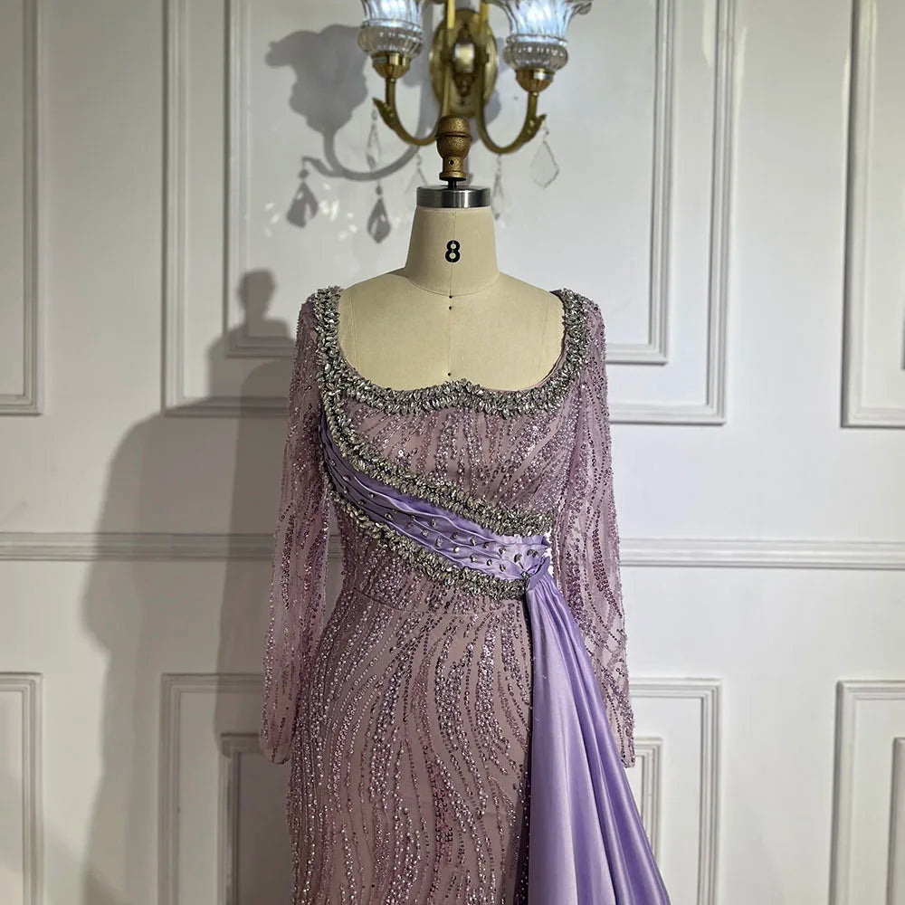 2025 Luxury Dubai Lilac  Mermaid Dress with Satin Overskirt Beaded Evening Gown for Women Wedding Party LA72534