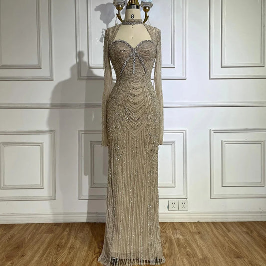 2025 Luxury Dubai Nude Sweetheart Mermaid Beaded Evening Gowns with Back Split for Women's Party LA72560A