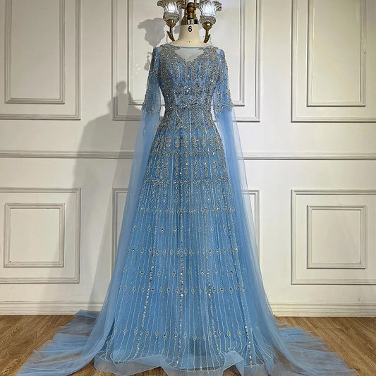Luxuriöses blaues Abendkleid mit Cape-Ärmeln LA72666